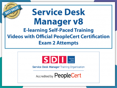 PeopleCert SDI - Service Desk Manager v8 (SDM)- eLearning and PeopleCert Exam Bundled Offer.